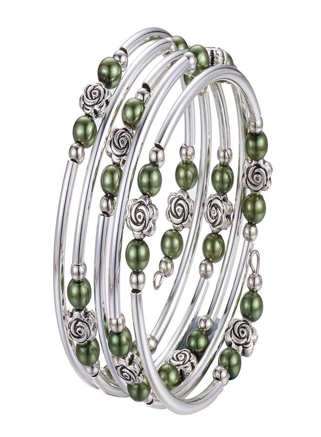 BULINLIN Wrap Bangle Rose Bead Bracelet - Beaded Bracelet with Natural Agate Stone Gifts For Women(01-Olive green pearl) - Image 2